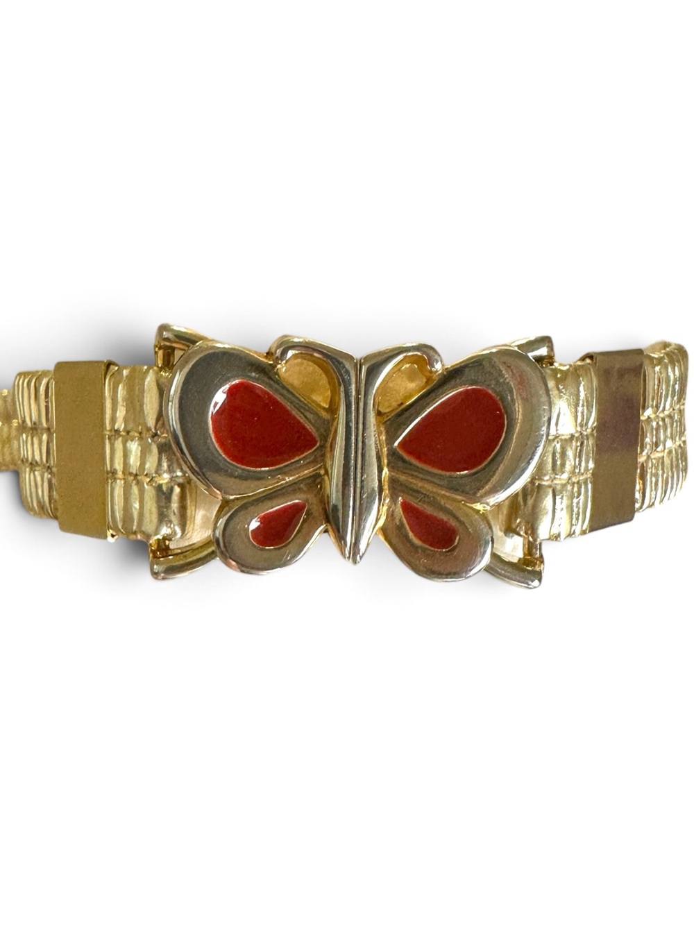 Vintage 1970s Gold Tone Stretch Metal Belt with Red Enamel Butterfly Clasp